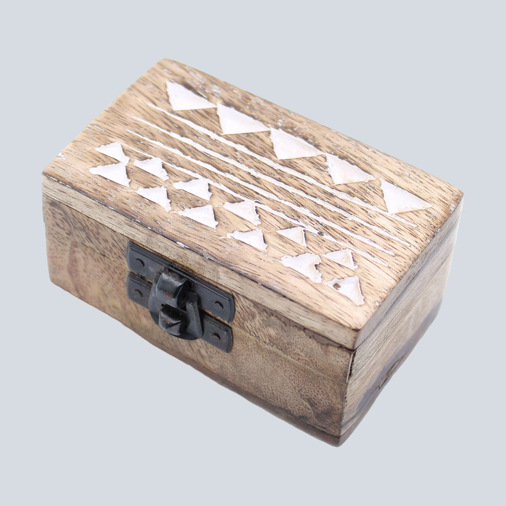 White Washed Wooden Box - 3x1.5 Pill Box Aztec Design