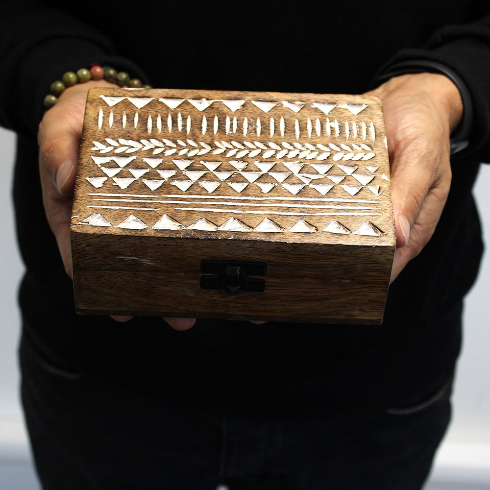 White Washed Wooden Box - 3x1.5 Pill Box Aztec Design