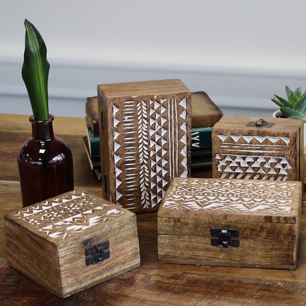 White Washed Wooden Box - 3x1.5 Pill Box Aztec Design